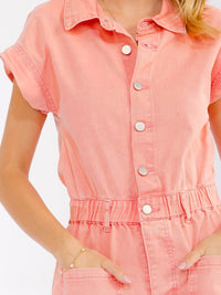 WOMEN'S SHORT SLEEVE BUTTON UP FRONT POCKETS DENIM WASHED ROMPER