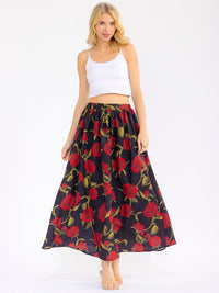 WOMEN'S ELASTIC WAIST FRONT POCKETS FLORAL MAXI SKIRT
