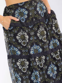 WOMEN'S ELASTIC WAIST FRONT POCKETS TIERED FLORAL MIDI SKIRT