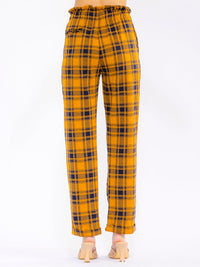 WOMEN'S ELASTIC WAIST FRONT POCKETS STRAIGHT LEG PLAID PANTS