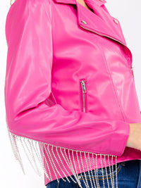 WOMEN'S LONG SLEEVE ZIPPER CLOSURE FRONT POCKETS RHINESTONES FRINGE PU PLEATHER JACKET
