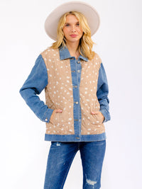 WOMEN'S LONG SLEEVE BUTTON UP FRONT POCKETS DENIM CONTRAST JACKET