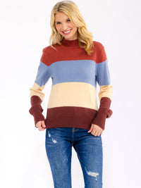 WOMEN'S LONG SLEEVE MOCK NECK COLORBLOCK STRIPES PULLOVER SWEATER