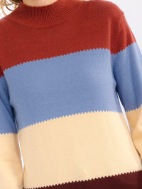 WOMEN'S LONG SLEEVE MOCK NECK COLORBLOCK STRIPES PULLOVER SWEATER