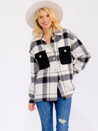 WOMEN'S LONG SLEEVE BUTTON UP FRONT POCKETS PLAID JACKET
