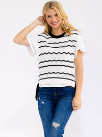 WOMEN'S SHORT SLEEVE KNIT CONTRAST STRIPES BLOUSE