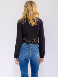 WOMEN'S LONG SLEEVE V-NECK BUTTON CLOSURE CROCHET CROP TOP