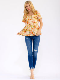 WOMEN'S SHORT PUFF SLEEVE SQUARE NECK FLORAL BLOUSE