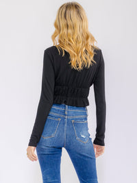 WOMEN'S LONG SLEEVE V-NECK ELASTIC WAIST CROP TOP