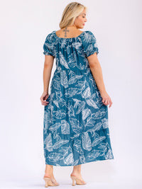 PLUS SIZE SHORT PUFF SLEEVE FRONT POCKETS FLORAL MAXI DRESS