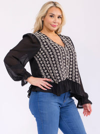 PLUS SIZE LONG SLEEVE V-NECK STITCHED DETAILED RUFFLE BLOUSE