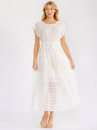 WOMEN'S SHORT SLEEVE ADJUSTABLE WAIST SHIMMER STRIPES TIERED LACE MAXI DRESS