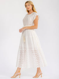 WOMEN'S SHORT SLEEVE ADJUSTABLE WAIST SHIMMER STRIPES TIERED LACE MAXI DRESS