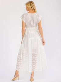 WOMEN'S SHORT SLEEVE ADJUSTABLE WAIST SHIMMER STRIPES TIERED LACE MAXI DRESS