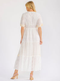 WOMEN'S SHORT BELL SLEEVE V-NECK TIERED CROCHET LACE MAXI DRESS
