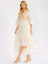 WOMEN'S SHORT SLEEVE V-NECK HIGH-LOW CROCHET MAXI DRESS