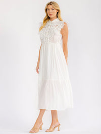 WOMEN'S SLEEVELESS BUTTON UP ELASTIC WAIST TIERED CROCHET MAXI DRESS