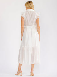 WOMEN'S SLEEVELESS BUTTON UP ELASTIC WAIST TIERED CROCHET MAXI DRESS