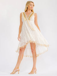 WOMEN'S SLEEVELESS V-NECK ELASTIC WAIST HIGH-LOW TRIM DETAILED LACE MIDI DRESS