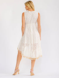 WOMEN'S SLEEVELESS V-NECK ELASTIC WAIST HIGH-LOW TRIM DETAILED LACE MIDI DRESS