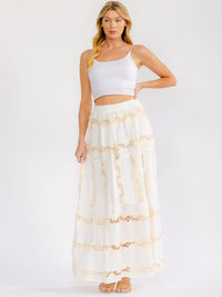 WOMEN'S ELASTIC WAIST TIERED FLOWER CROCHET MAXI SKIRT