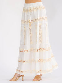 WOMEN'S ELASTIC WAIST TIERED FLOWER CROCHET MAXI SKIRT