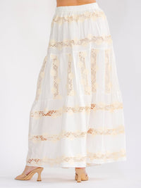 WOMEN'S ELASTIC WAIST TIERED FLOWER CROCHET MAXI SKIRT