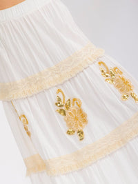 WOMEN'S ELASTIC WAIST TIERED FLOWER SEQUINS MAXI SKIRT