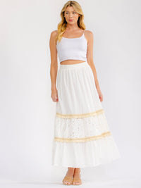 WOMEN'S ELASTIC WAIST TIERED EYELET FLORAL MAXI SKIRT