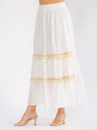 WOMEN'S ELASTIC WAIST TIERED EYELET FLORAL MAXI SKIRT