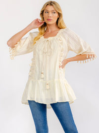 WOMEN'S SHORT SLEEVE TASSEL TRIM CROCHET TUNIC TOP