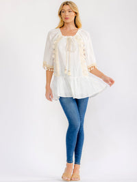 WOMEN'S SHORT SLEEVE TASSEL TRIM CROCHET TUNIC TOP