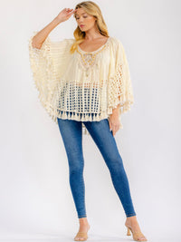 WOMEN'S LONG SLEEVE TASSEL TRIM CROCHET TUNIC TOP