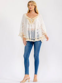 WOMEN'S LONG SLEEVE TASSEL TRIM CROCHET TUNIC TOP