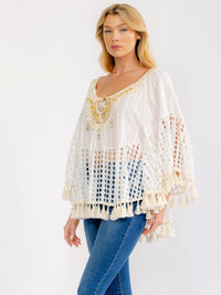 WOMEN'S LONG SLEEVE TASSEL TRIM CROCHET TUNIC TOP