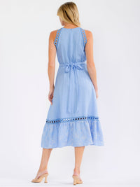 WOMEN'S SLEEVELESS ELASTIC WAIST SELF TIE CROCHET DETAILED MID DRESS