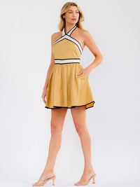 WOMEN'S SLEEVELESS HALTER NECK OPEN BACK FRONT POCKET FIT & FLARE MINI DRESS