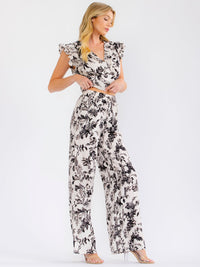 WOMEN'S RUFFLE SLEEVE SURPLICE BLOUSE & ELASTIC WAIST WIDE LEG PANTS RHINESTONE FLORAL 2PC. SET