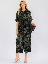 WOMEN'S SHORT SLEEVE BLOUSE & ELASTIC WAIST POCKETS CAPRI PANTS FLORAL COLORBLOCK 2PC. SET