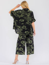 WOMEN'S SHORT SLEEVE BLOUSE & ELASTIC WAIST POCKETS CAPRI PANTS FLORAL COLORBLOCK 2PC. SET