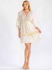 WOMEN'S 3/4 SLEEVE V-NECK CROCHET SHIMMER MINI DRESS