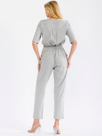 WOMEN'S SHORT SLEEVE BUTTON UP FRONT POCKETS ELASTIC WAIST SKINNY LEG JUMPSUIT