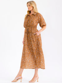WOMEN'S SHORT PUFF SLEEVE BUTTON UP ELASTIC WAIST FRONT POCKETS FLORAL MAXI DRESS