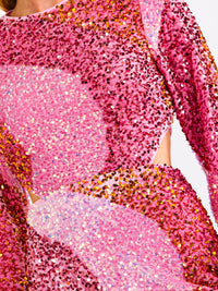WOMEN'S LONG SLEEVE OPEN BACK CUT OUT MULTI SEQUINS BODYCON MINI DRESS