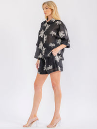 WOMEN'S SHORT SLEEVE BUTTON UP BLOUSE & ELASTIC WAIST POCKETS SHORT FLORAL 2PC. SET