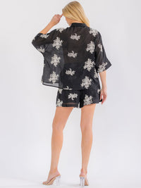WOMEN'S SHORT SLEEVE BUTTON UP BLOUSE & ELASTIC WAIST POCKETS SHORT FLORAL 2PC. SET