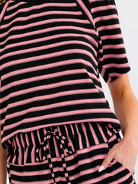 WOMEN'S SHORT PUFF SLEEVE COLORBLOCK STRIPES RIBBED TOP