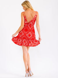WOMEN'S SLEEVELESS SURPLICE ELASTIC WAIST BANDANA PRINT MINI DRESS