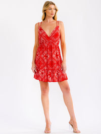 WOMEN'S SLEEVELESS SURPLICE ELASTIC WAIST BANDANA PRINT MINI DRESS