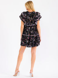 WOMEN'S SHORT RUFFLE SLEEVE FRONT POCKETS TIERED FLORAL TUNIC MINI DRESS